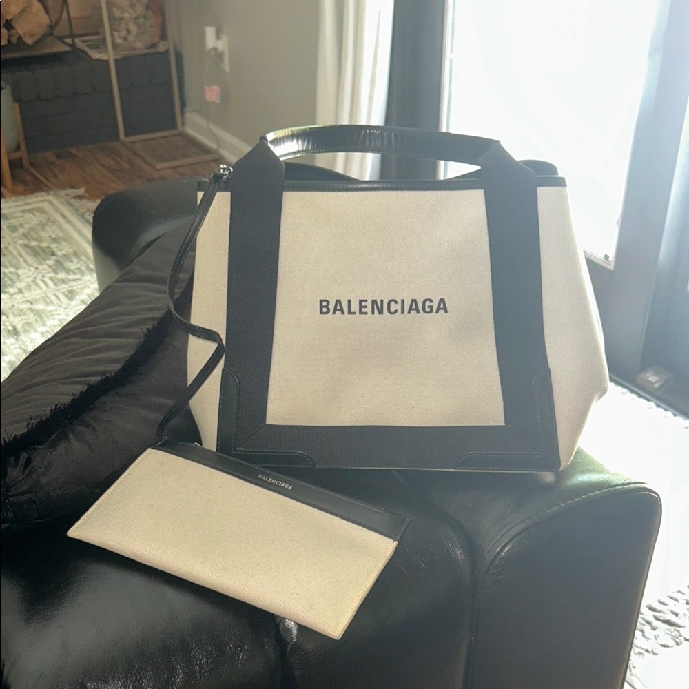 Balenciaga Black and Cream Tote with Pouch